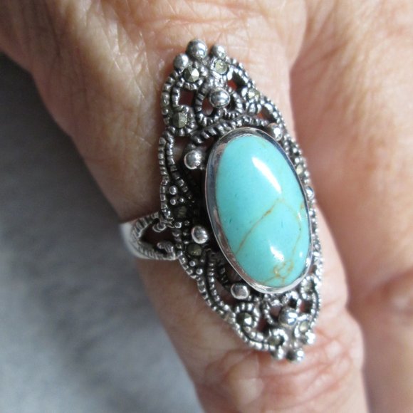 Stunning 925 Sterling Silver TURQUOISE & MARCASITE Filigree Ring>Long & Elegant - Picture 4 of 6